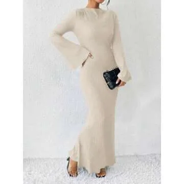 Narecte Fall Dresses for Women 2024 Maxi Dresses Solid Color Boho Dresses Flare Sleeve Dress Bodycon Dresses Apricot L