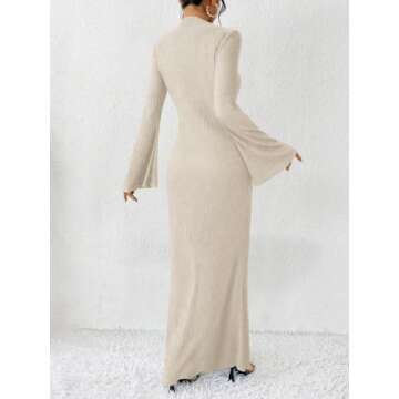 Narecte Fall Dresses for Women 2024 Maxi Dresses Solid Color Boho Dresses Flare Sleeve Dress Bodycon Dresses Apricot L