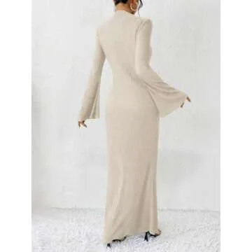 Narecte Fall Dresses for Women 2024 Maxi Dresses Solid Color Boho Dresses Flare Sleeve Dress Bodycon Dresses Apricot L