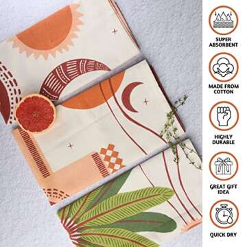 Folkulture Kitchen Towels and Dishcloth Set, Tea Towels with Hanging Loop, 20" X 26" Boho Dish Towels, 100% Cotton Modern Dish Cloth, Flour Sack Hand Towel for Home Décor, Set of 3, Desert