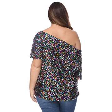 Anna-Kaci Women's Plus Size Sequin Sexy One Shoulder Short Sleeve Party Club Top, Multicolored, 1X-L...