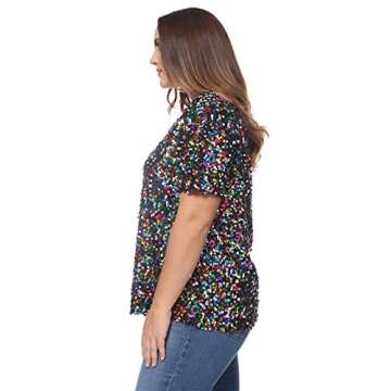 Anna-Kaci Women's Plus Size Sequin Sexy One Shoulder Short Sleeve Party Club Top, Multicolored, 1X-Large