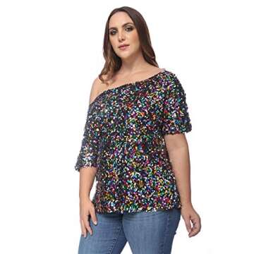 Anna-Kaci Women's Plus Size Sequin Sexy One Shoulder Short Sleeve Party Club Top, Multicolored, 1X-Large