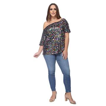 Anna-Kaci Women's Plus Size Sequin Sexy One Shoulder Short Sleeve Party Club Top, Multicolored, 1X-Large