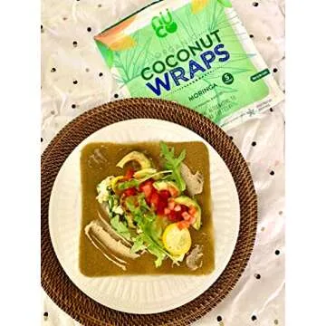 All-Natural, Paleo, Gluten Free, Vegan Non-GMO, Kosher Raw Veggie NUCO Coconut Wraps Moringa Flavor. NO Salt Added Low Carb and Yeast Free 5 Count (One Pack of Five Wraps Each)
