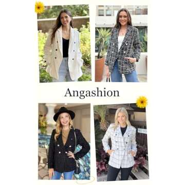 Angashion Womens Tweed Blazer Jackets: Oversized Double-Breasted Casual Boyfriend Style Work Office Blazers for Women Beige Small