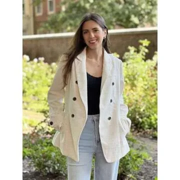 Angashion Womens Tweed Blazer Jackets: Oversized Double-Breasted Casual Boyfriend Style Work Office Blazers for Women Beige Small