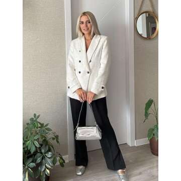 Angashion Womens Tweed Blazer Jackets: Oversized Double-Breasted Casual Boyfriend Style Work Office Blazers for Women Beige Small