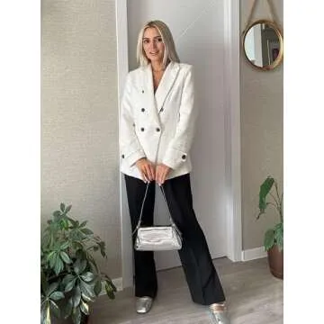 Angashion Womens Tweed Blazer Jackets: Oversized Double-Breasted Casual Boyfriend Style Work Office Blazers for Women Beige Small