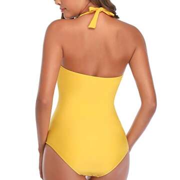 Smismivo Tummy Control Swimwear Halter One Piece Swimsuit Ruched Padded Bathing Suits for Women Slimming Vintage Bikini (Yellow, X-Large)