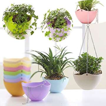 Foraineam Set of 7 Colors Self-Watering Hanging Planter Indoor Outdoor Garden Flower Plant Pot Container with Drainer and Hanging Chain