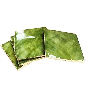 Natural Green Jade Coasters Set with Golden Edge 4 pcs