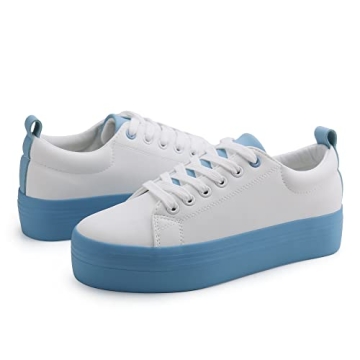 JABASIC Women Lace Up Platform Sneakers Comfortable Casual Fashion Sneaker Walking Shoes (11,White/Blue)