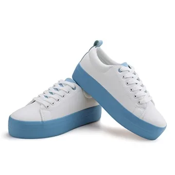JABASIC Women Lace Up Platform Sneakers Comfortable Casual Fashion Sneaker Walking Shoes (11,White/Blue)