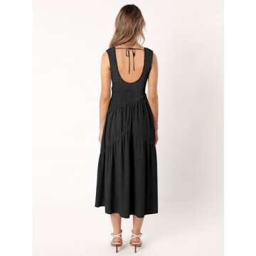 SEBAQINY Wedding Guest Dress Maxi: Women’s Square Neck Strap Spaghetti - Casual Summer Beach Long Sundress SE2466 (Black,Medium)