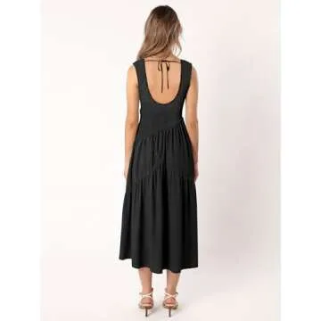 SEBAQINY Wedding Guest Dress Maxi: Women’s Square Neck Strap Spaghetti - Casual Summer Beach Long Sundress SE2466 (Black,Medium)