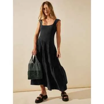 SEBAQINY Wedding Guest Dress Maxi: Women’s Square Neck Strap Spaghetti - Casual Summer Beach Long Sundress SE2466 (Black,Medium)