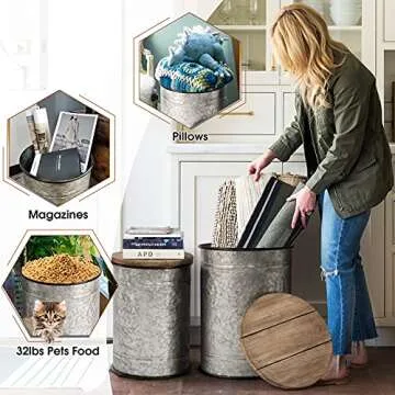 oneinmil Rustic End Table with Storage Bins Farmhouse Furniture Galvanized Metal Stool Ottoman Seat with Round Wood Lid Set of 2