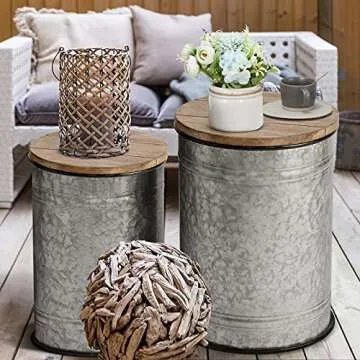 oneinmil Rustic End Table with Storage Bins Farmhouse Furniture Galvanized Metal Stool Ottoman Seat with Round Wood Lid Set of 2