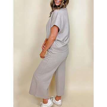 Fazortev Womens 2 Piece Outfits Sweatsuit Short Sleeve Tops and Drawstring Waist Cropped Wide Leg Pa...