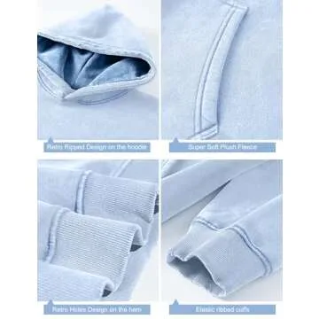 Dnzzs Womens Oversized Hoodie Acid Wash Hoodie Vintage Sweatshirt Heavyweight Fleece Cotton Streetwear Trendy Hoodies Light Blue