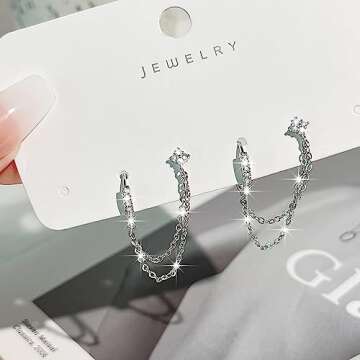 COARVXA 925 Sterling Silver Gold Plated Four Zircons Flower Stud Chain Earrings | Double Piercing Dangle Chain Huggie Hoop Earrings | Four Zirconia Stud Earrings Jewelry Gifts for Women