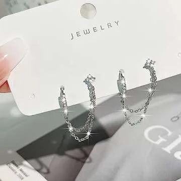 COARVXA 925 Sterling Silver Gold Plated Four Zircons Flower Stud Chain Earrings | Double Piercing Dangle Chain Huggie Hoop Earrings | Four Zirconia Stud Earrings Jewelry Gifts for Women