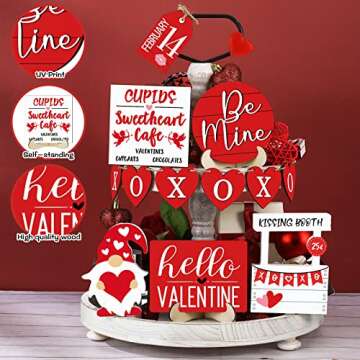Jetec 12 Pcs Valentine‘s Day Tiered Tray Decor Set Heart Wood Sign Gnome Truck Rustic Farmhouse Tray Signs Table Decor for Romantic Valentine‘s Day Home Kitchen(Heart)