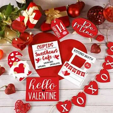 Jetec 12 Pcs Valentine‘s Day Tiered Tray Decor Set Heart Wood Sign Gnome Truck Rustic Farmhouse Tray Signs Table Decor for Romantic Valentine‘s Day Home Kitchen(Heart)