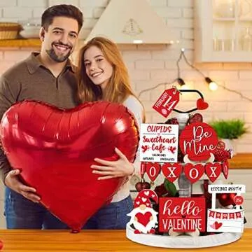 Jetec 12 Pcs Valentine‘s Day Tiered Tray Decor Set Heart Wood Sign Gnome Truck Rustic Farmhouse Tray Signs Table Decor for Romantic Valentine‘s Day Home Kitchen(Heart)