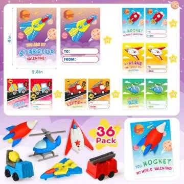 36 Pack Valentines Cards for Kids Classroom Exchange, Valentines Day Gifts for Kids School with Mini Airplane Car Erasers Bulk, Ideal Valentine Gifts and Party Favors Prizes for Boys Girls