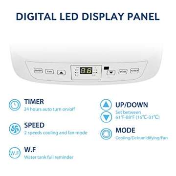 JHS 8,000 BTU Small Portable Air Conditioner 3-in-1 Floor AC Unit with 2 Fan Speeds, Remote Control and Digital LED Display, Cover up to 200 Sq. Ft, White