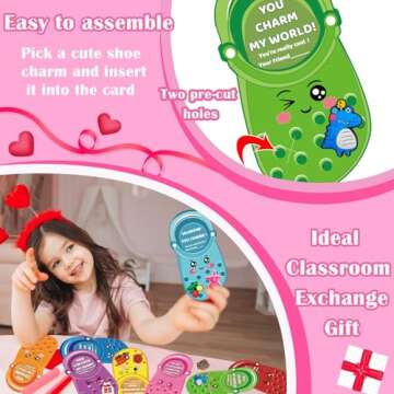 JX Valentines Day Cards for Kids School Classroom, 48 pcs Valentine's Cards with 96 Shoe Charms for kids boys girls,Valentine Exchange Gift Party Favors