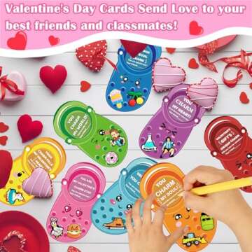 JX Valentines Day Cards for Kids School Classroom, 48 pcs Valentine's Cards with 96 Shoe Charms for kids boys girls,Valentine Exchange Gift Party Favors