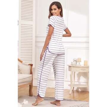 FKEEP Stripe Pajamas Set Women Two-Piece Nightwear Short Sleeve Sleepwear Soft Side Split Loungewear Pjs Sets(White and Purple,Small)