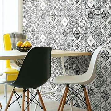 RoomMates RMK11282WP Black Mediterranean Tile Peel and Stick Wallpaper, Roll, Black