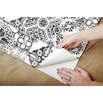 RoomMates RMK11282WP Black Mediterranean Tile Peel and Stick Wallpaper, Roll, Black