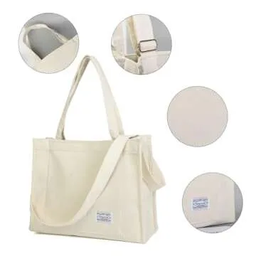 Vintage Casual Corduroy Bags Crossbody Bag Purse for Women Travel Shoulder Bags Handbags Eco Bag,Beige,Large