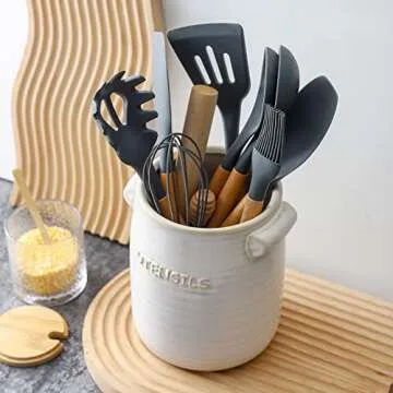 BETTWILL Kitchen Utensil Holder,White Ceramic Utensil Holder,Large Ceramic Utensil Holder Crock for Kitchen Counter, Large Stable Utensil Crock, Farmhouse Cooking Utensil Holder.