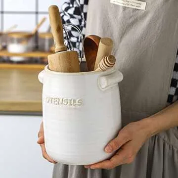 BETTWILL Kitchen Utensil Holder,White Ceramic Utensil Holder,Large Ceramic Utensil Holder Crock for Kitchen Counter, Large Stable Utensil Crock, Farmhouse Cooking Utensil Holder.