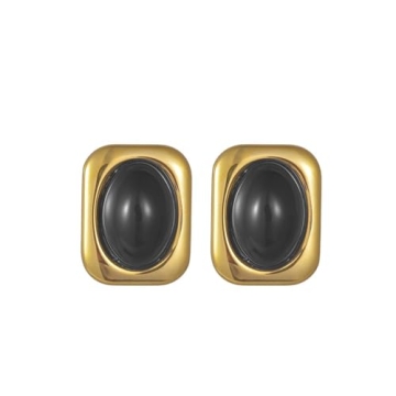 Chunky Gold Earrings Stud for Women Square Black Onyx Stud Earrings Minimalist Statement Earrings Vi...