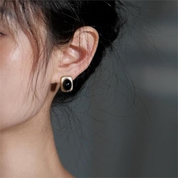 Chunky Gold Earrings Stud Square Black Onyx for Women