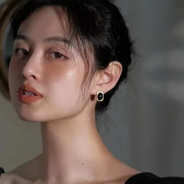 Chunky Gold Earrings Stud Square Black Onyx for Women