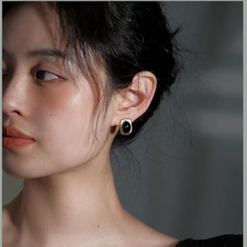 Chunky Gold Earrings Stud Square Black Onyx for Women