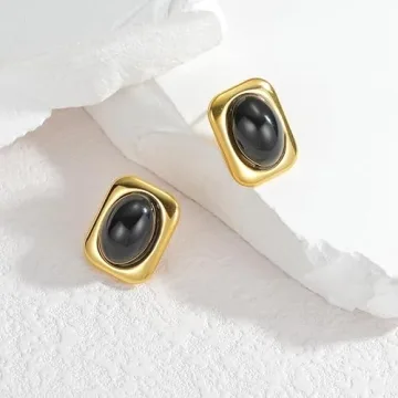 Chunky Gold Earrings Stud Square Black Onyx for Women