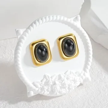 Chunky Gold Earrings Stud Square Black Onyx for Women