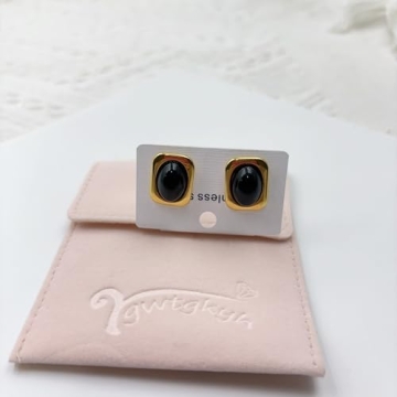 Chunky Gold Earrings Stud Square Black Onyx for Women