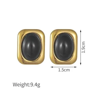 Chunky Gold Earrings Stud Square Black Onyx for Women