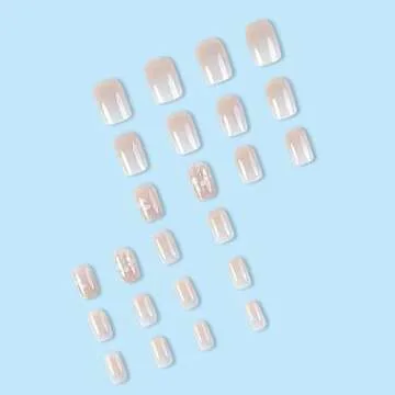 Square Press on Nails Short French Fake Nails Nude Gradient False Nails with Flower Designs Acrylic Nails Spring Press on Nails Reusable Gloss Square Artificial Nails for Women Girls