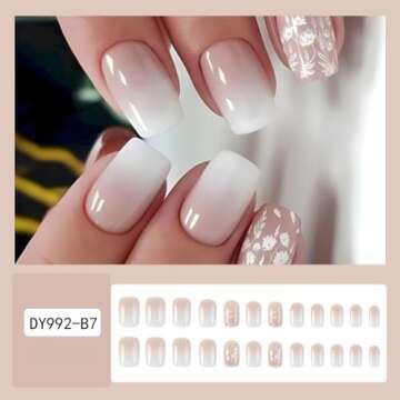 Square Press on Nails Short French Fake Nails Nude Gradient False Nails with Flower Designs Acrylic Nails Spring Press on Nails Reusable Gloss Square Artificial Nails for Women Girls